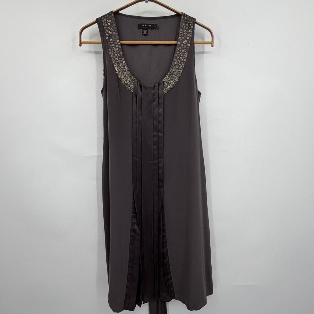 Ted Baker London 100% Silk Embellished Sleeveless Shift Dress Gray Size 1